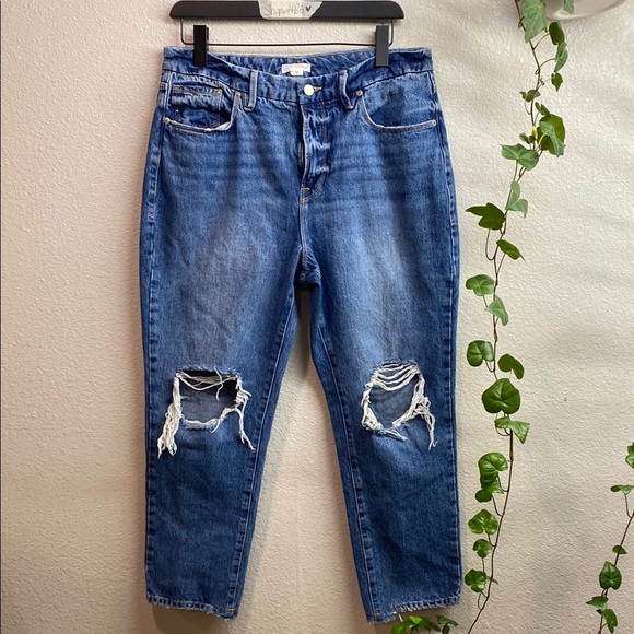 GOOD AMERICAN Good Vintage High Rise Straight Leg Jeans Indigo043 Distressed 15 - Picture 2 of 13